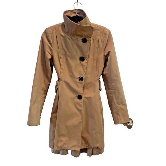 Steve Madden Trench Coat Women Petite Small Beige Pleated Belt Waist Rain Jacket - Picture 3 of 11